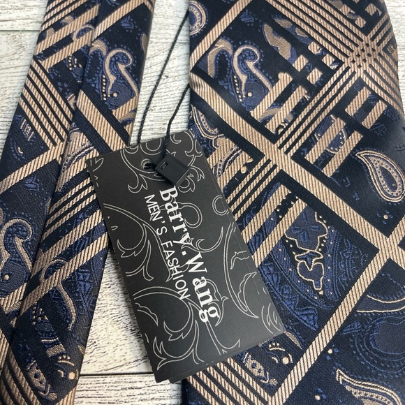Barry Wang Silk Tie Blue And Gold New With Tags - Picture 10 of 10